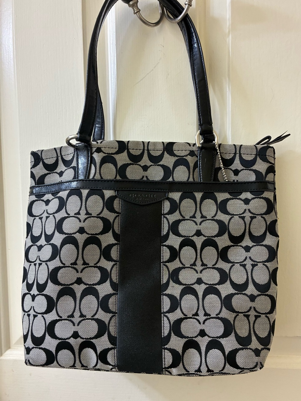 Coach Tote Bag with black & grey monogram canvas with black leather straps
